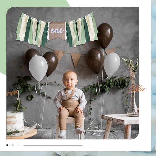 Buryeah 1st Birthday Highchair Banner – 80 inch Burlap Jungle Theme in Green Tan