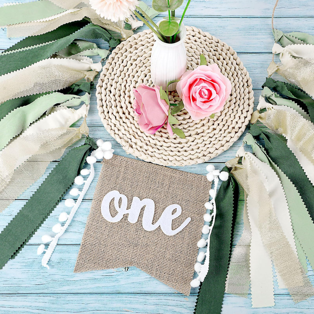Buryeah 1st Birthday Highchair Banner – 80 inch Burlap Jungle Theme in Green Tan