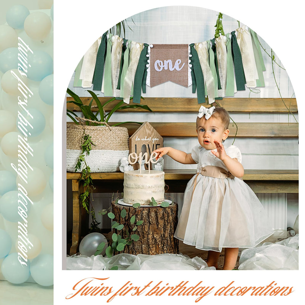 Buryeah 1st Birthday Highchair Banner – 80 inch Burlap Jungle Theme in Green Tan