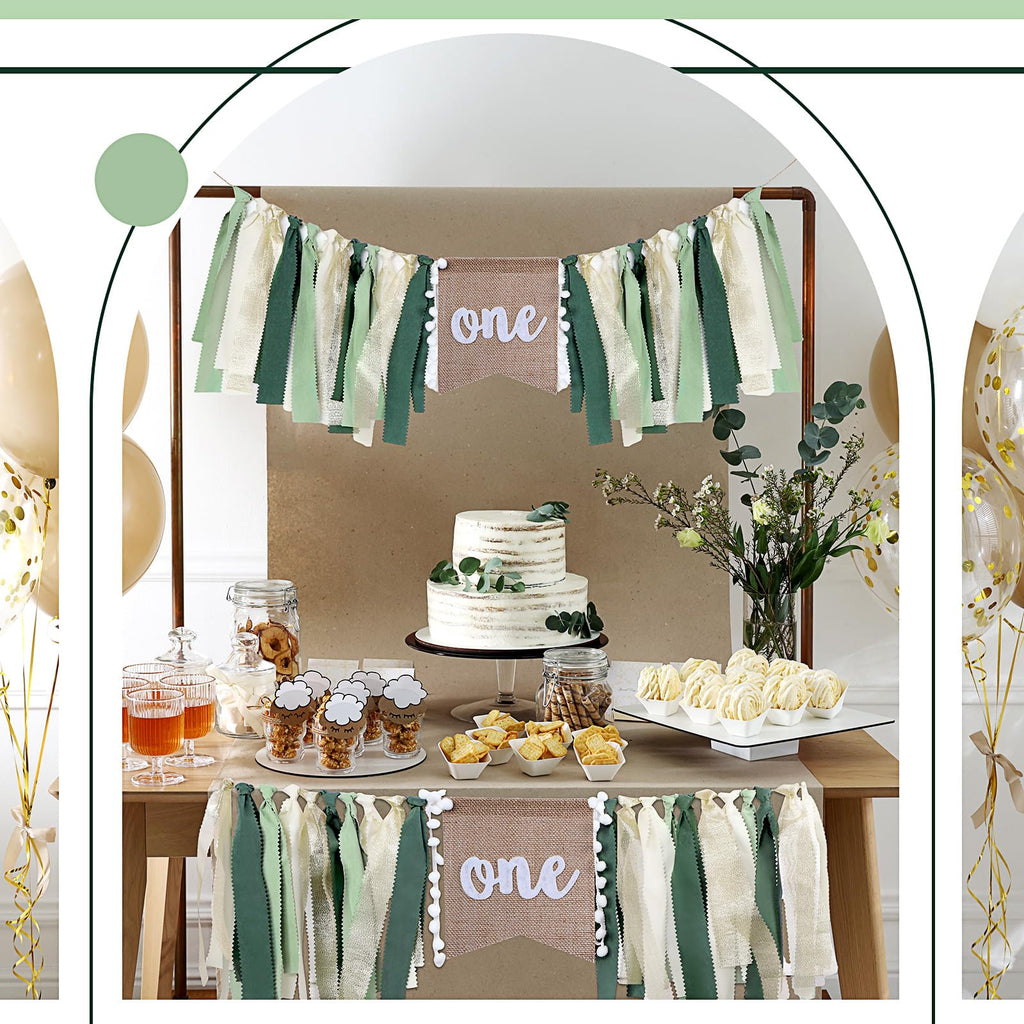 Buryeah 1st Birthday Highchair Banner – 80 inch Burlap Jungle Theme in Green Tan