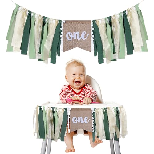 Buryeah 1st Birthday Highchair Banner – 80 inch Burlap Jungle Theme in Green Tan
