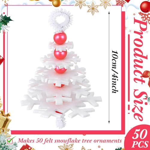 Buryeah 50 Sets Felt Snowflake Ornament Craft Kit – DIY Christmas Decorations with Beads, Stems & Ribbons