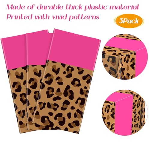 Buryeah Leopard Print Tablecloths 3 Pack: 54x108 Inch Disposable Plastic Table Cover for Party Decor - Hot Pink