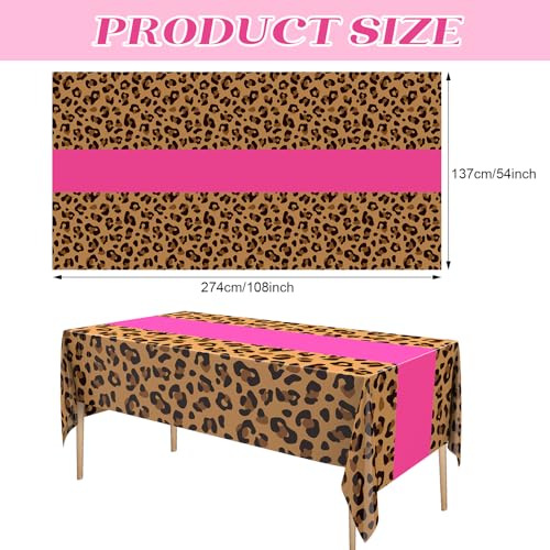 Buryeah Leopard Print Tablecloths 3 Pack: 54x108 Inch Disposable Plastic Table Cover for Party Decor - Hot Pink