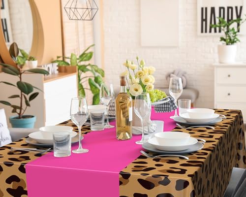 Buryeah Leopard Print Tablecloths 3 Pack: 54x108 Inch Disposable Plastic Table Cover for Party Decor - Hot Pink