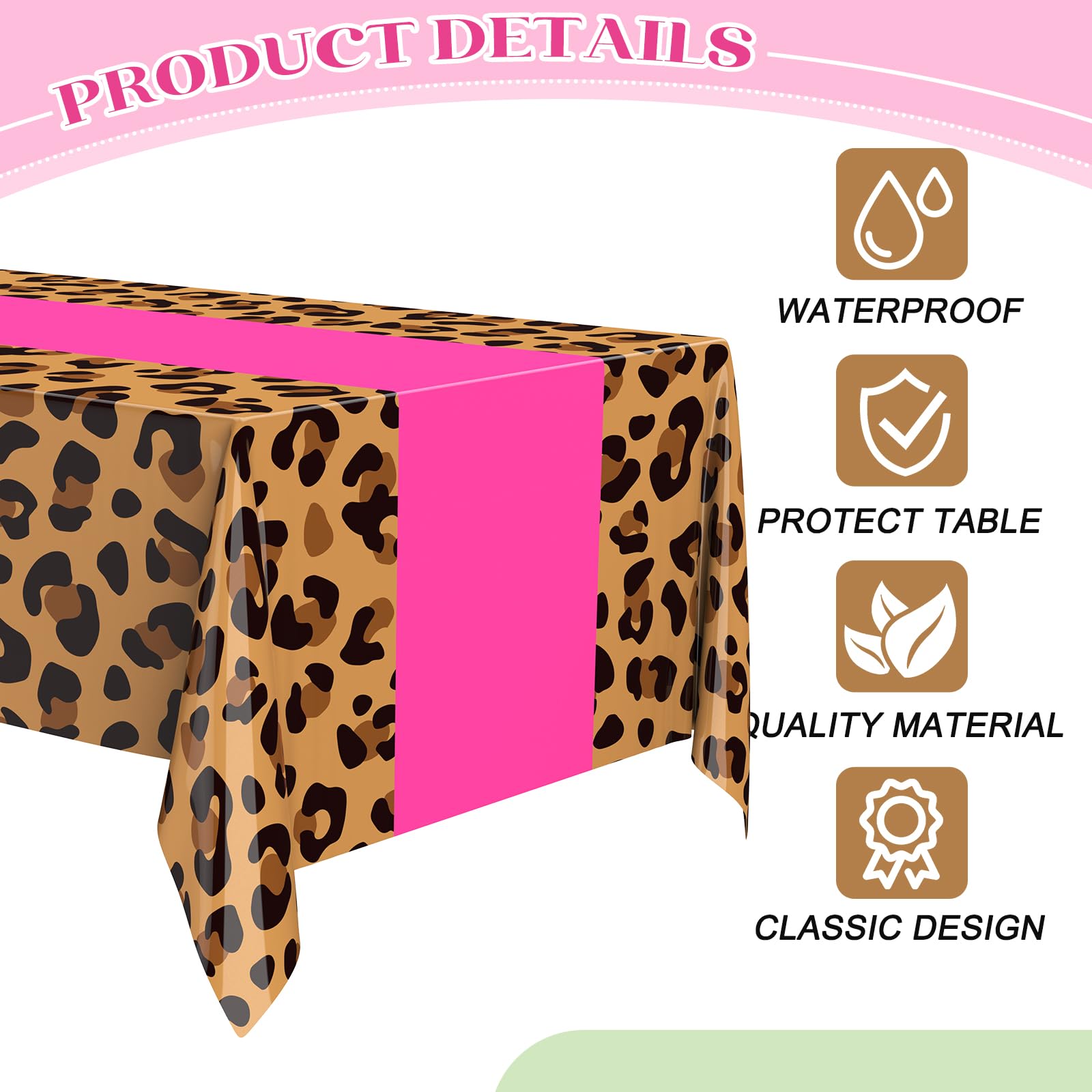 Buryeah Leopard Print Tablecloths 3 Pack: 54x108 Inch Disposable Plastic Table Cover for Party Decor - Hot Pink
