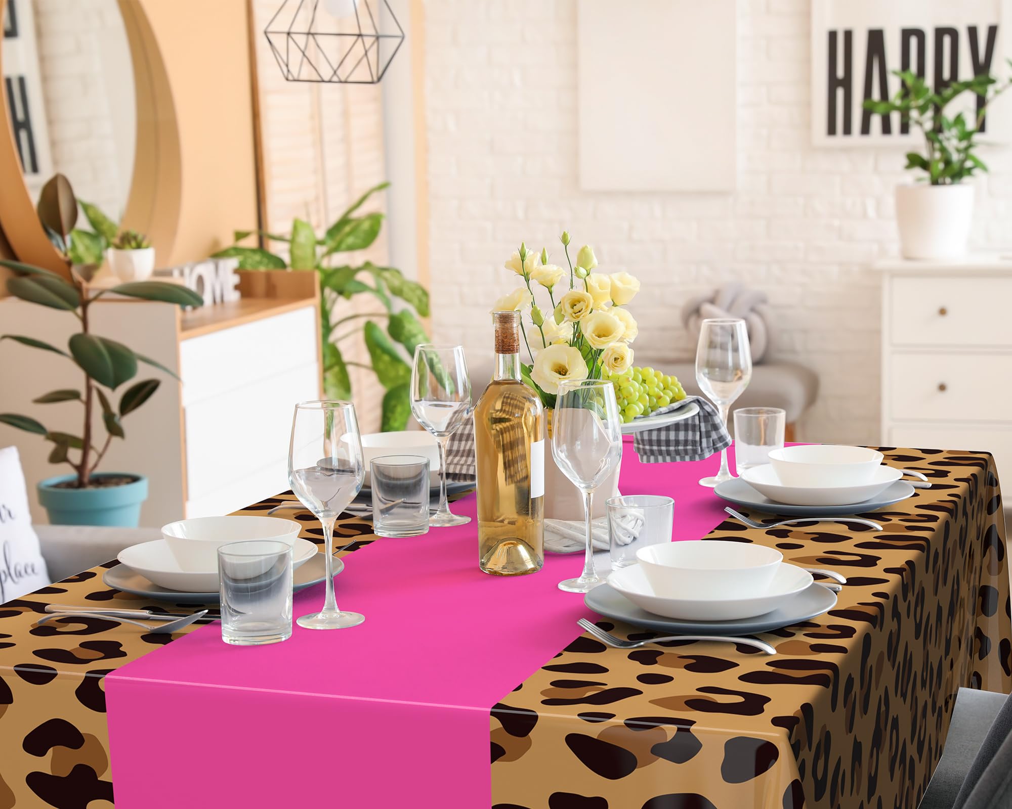 Buryeah Leopard Print Tablecloths 3 Pack: 54x108 Inch Disposable Plastic Table Cover for Party Decor - Hot Pink