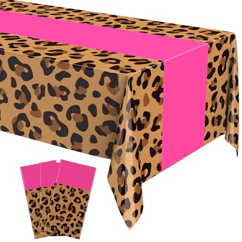 Buryeah Leopard Print Tablecloths 3 Pack: 54x108 Inch Disposable Plastic Table Cover for Party Decor - Hot Pink