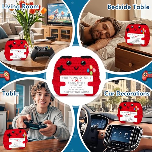Busy Gaming Life Positive Crochet Game Controller - Handmade Gamer Gift with Inspirational Card