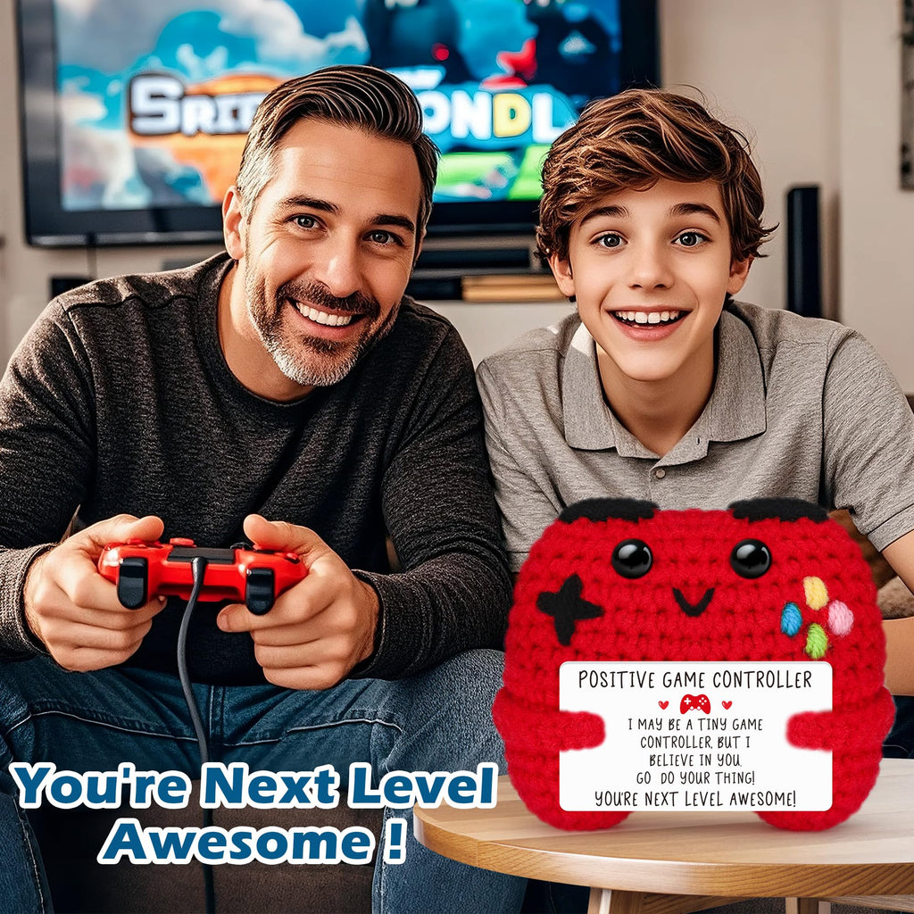 Busy Gaming Life Positive Crochet Game Controller - Handmade Gamer Gift with Inspirational Card