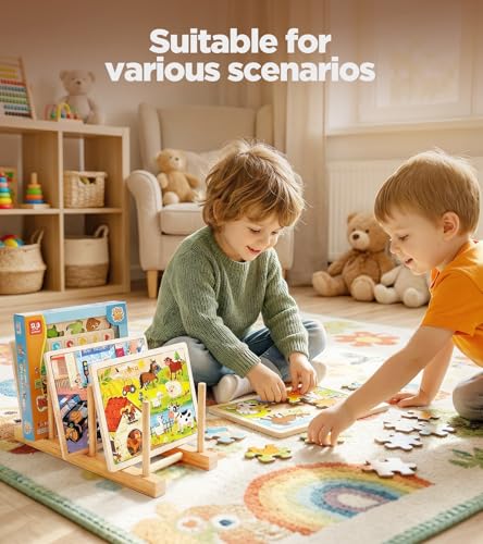 BusyePa 2-Pack 4-Slot Puzzle Display Stand – Vertical Storage Rack for Finished Jigsaw Puzzles, Books & Artwork (Natural Wood)