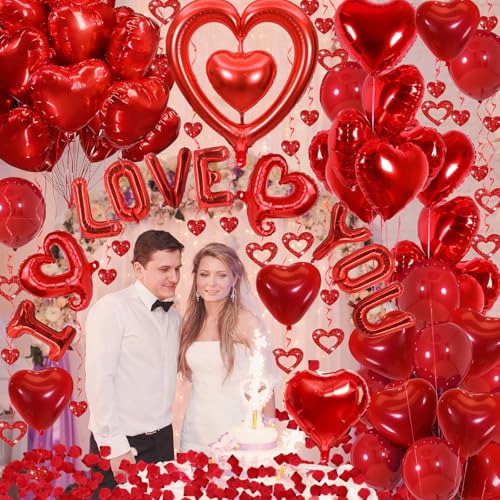Butiomom Red I Love You Balloon Set for Anniversary Wedding Decor with Fake Rose Petals & Heart Balloons