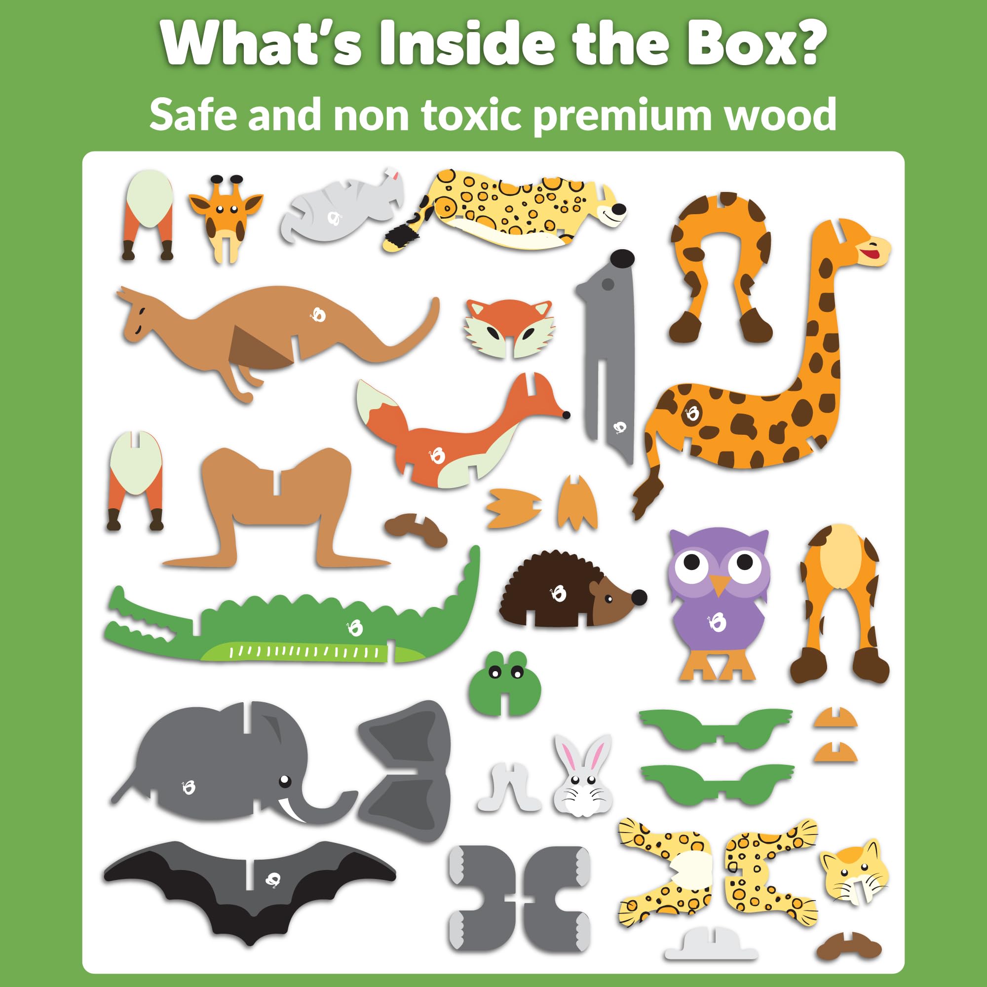 Butterfly EduFields 3D Wooden Animal Puzzles for Ages 2-4 — 10 DIY Animal Models