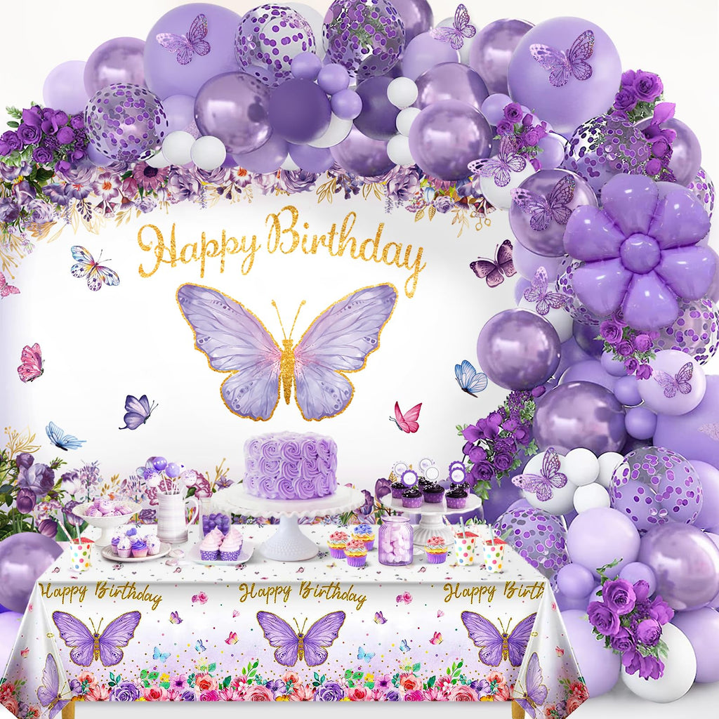 Butterfly Party Decorations 82-Piece Set with Balloon Arch Kit, Banner, Tablecloth for Girls Women Birthday Purple
