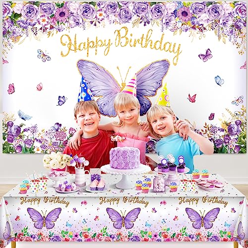 Butterfly Party Decorations 82-Piece Set with Balloon Arch Kit, Banner, Tablecloth for Girls Women Birthday Purple