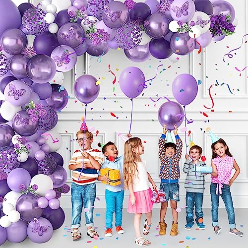 Butterfly Party Decorations 82-Piece Set with Balloon Arch Kit, Banner, Tablecloth for Girls Women Birthday Purple