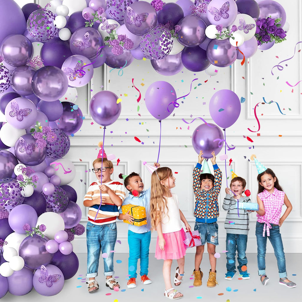 Butterfly Party Decorations 82-Piece Set with Balloon Arch Kit, Banner, Tablecloth for Girls Women Birthday Purple