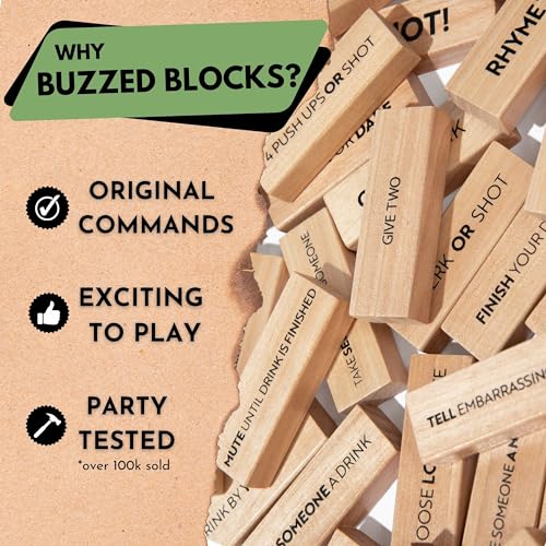Buzzed Blocks Party Tower - Adult Stacking Game with 40 Funny Commands & 14 Blank Blocks