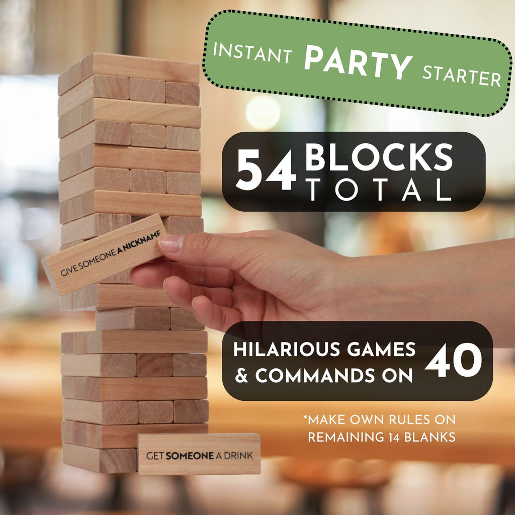 Buzzed Blocks Party Tower - Adult Stacking Game with 40 Funny Commands & 14 Blank Blocks