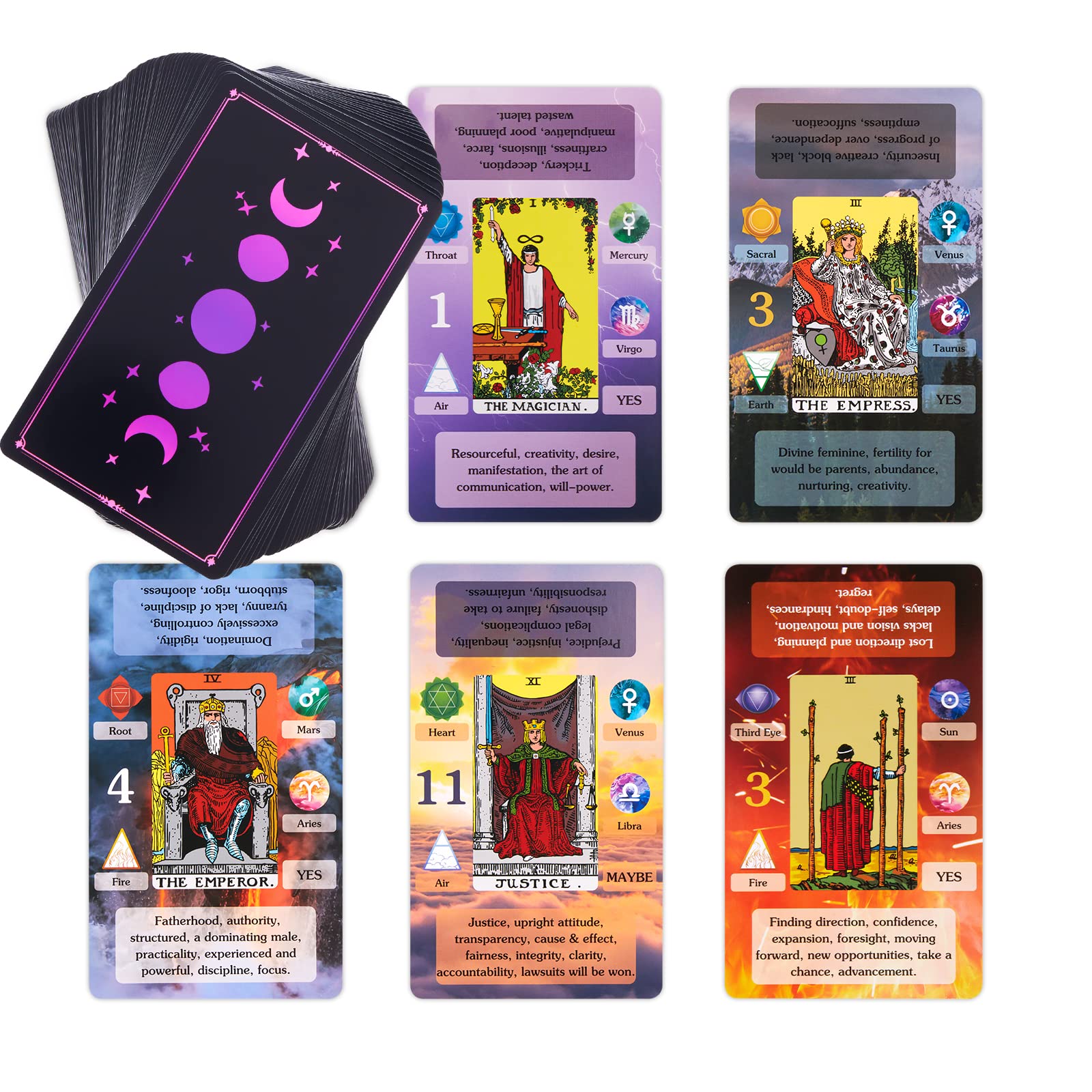 BWTY Tarot Deck for Beginners: 78 Cards with Keywords, Astrology, Chakra Cards, and Full Guidebook