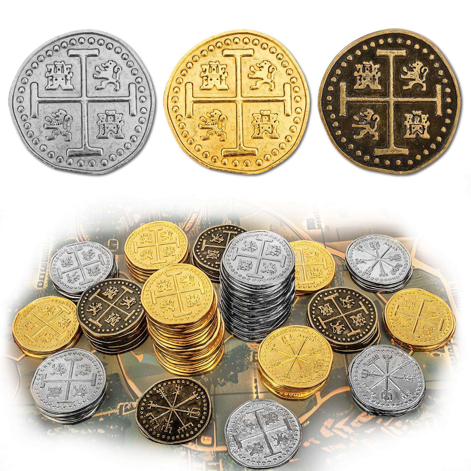 Byhoo 36-Piece Metal Pirate Coin Set – Gold, Silver & Copper Tokens for Treasure Hunts & Games