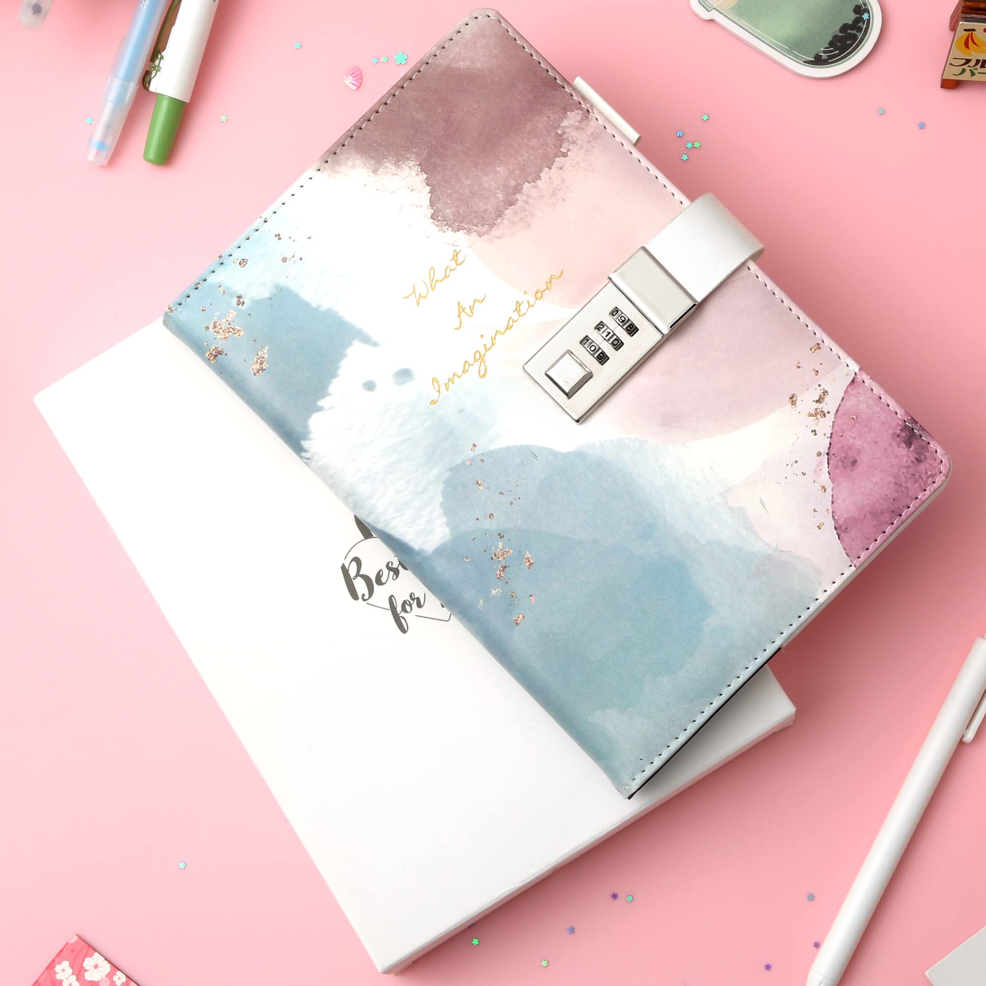 CAGIE Tie-Dye Diary with Lock for Girls 8-12, 192 Pages Anti-Bleed Paper, Rainbow Journal with Pen