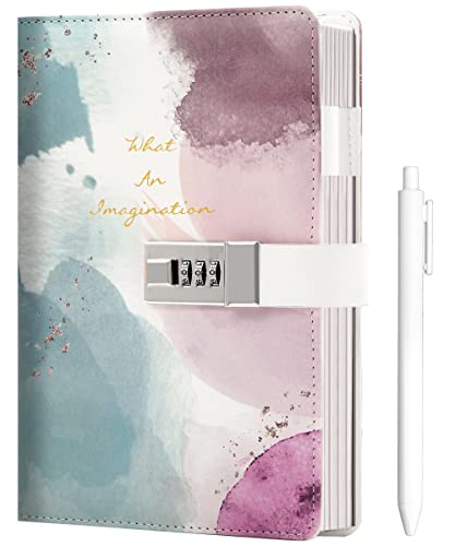 CAGIE Tie-Dye Diary with Lock for Girls 8-12, 192 Pages Anti-Bleed Paper, Rainbow Journal with Pen