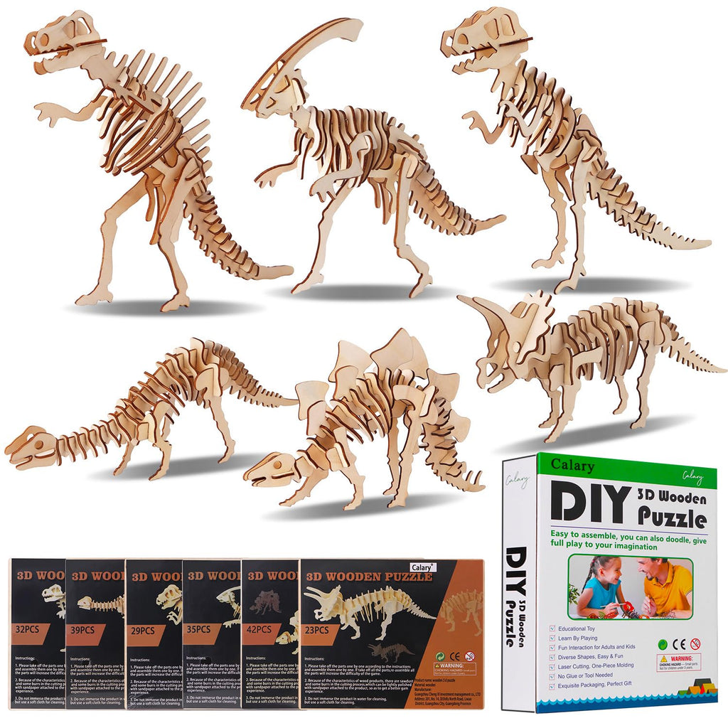 calary 3D Wooden Puzzle Set of 6 Dinosaur Models – DIY Assembly Toy for Kids and Adults
