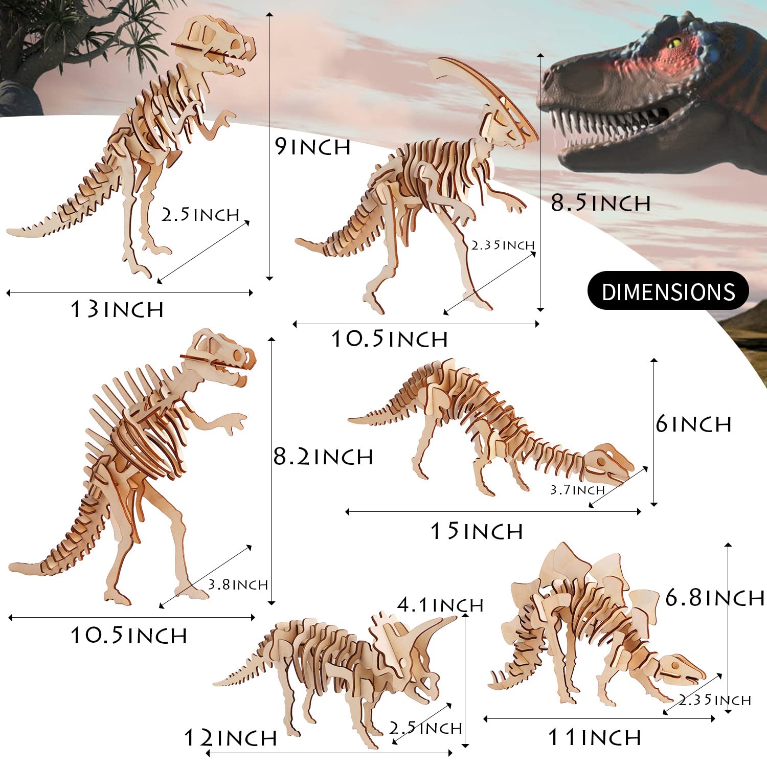 calary 3D Wooden Puzzle Set of 6 Dinosaur Models – DIY Assembly Toy for Kids and Adults