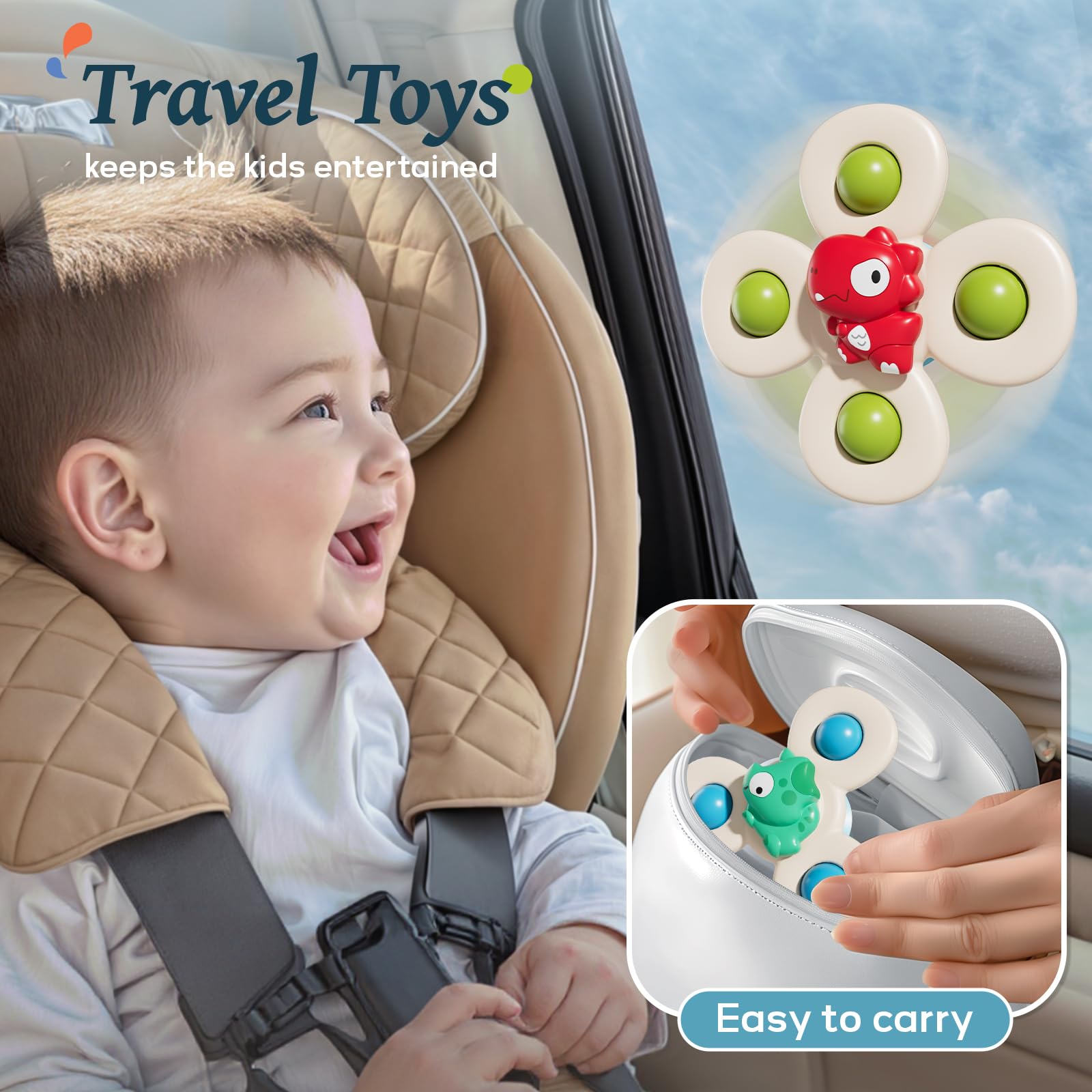 CalfQueen Baby Dinosaur Suction Cup Spinner – Toddler Fidget Toy for Ages 1-3, Travel & Bath