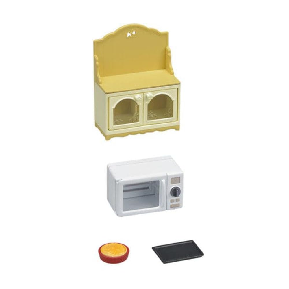 Calico Critters Microwave Cabinet Dollhouse Furniture Set – 4-Piece Kitchen with Working Microwave