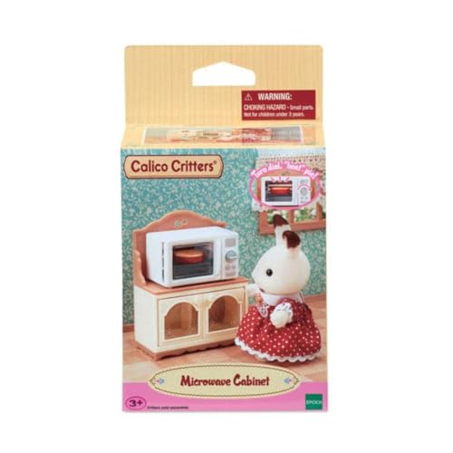 Calico Critters Microwave Cabinet Dollhouse Furniture Set – 4-Piece Kitchen with Working Microwave