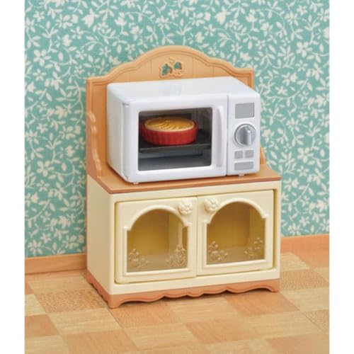 Calico Critters Microwave Cabinet Dollhouse Furniture Set – 4-Piece Kitchen with Working Microwave
