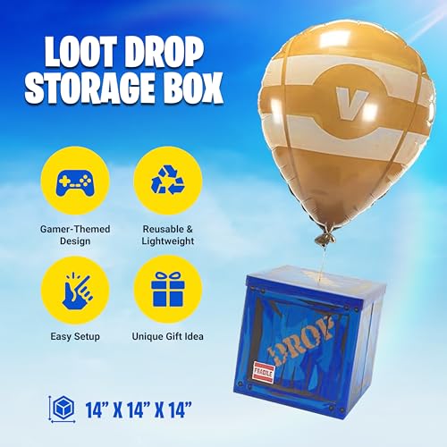 CAMP LINER 14-Inch Loot Drop Box with Yellow Balloon – Blue Cardboard Treasure Chest for Party Decor