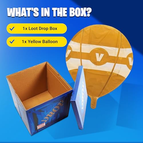 CAMP LINER 14-Inch Loot Drop Box with Yellow Balloon – Blue Cardboard Treasure Chest for Party Decor