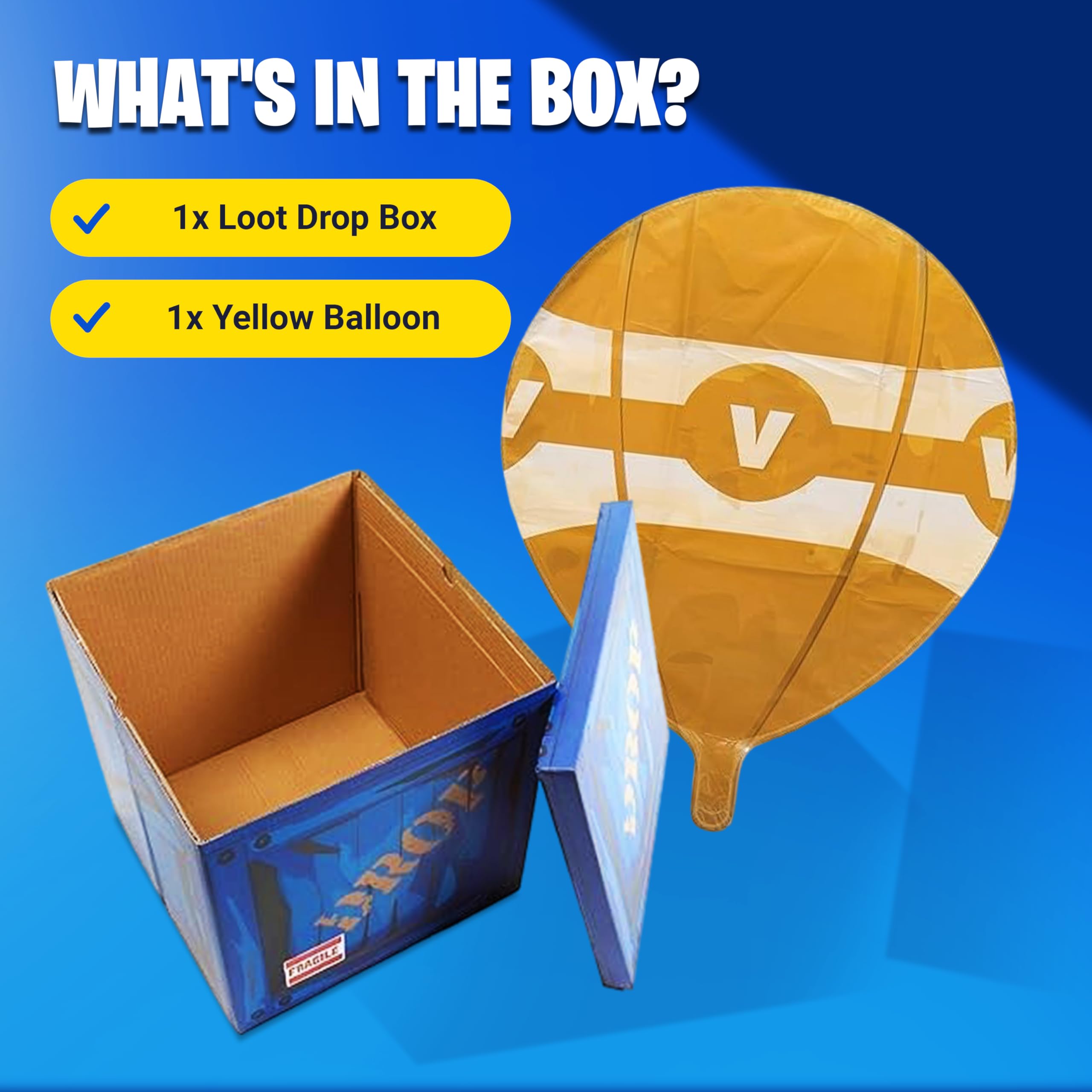 CAMP LINER 14-Inch Loot Drop Box with Yellow Balloon – Blue Cardboard Treasure Chest for Party Decor