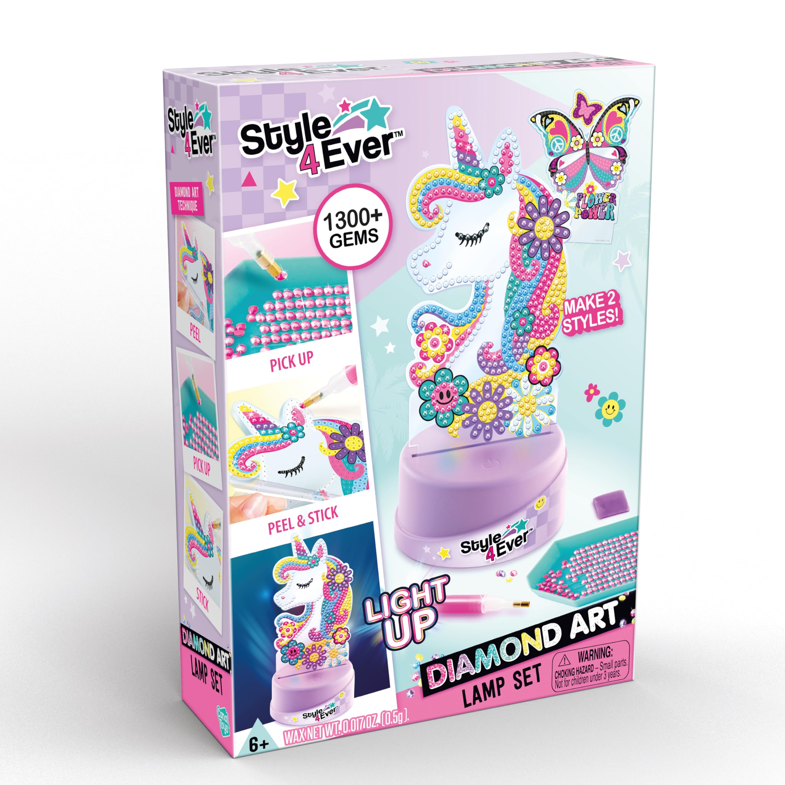 Canal Toys Style 4 Ever Diamond Art Unicorn & Butterfly Lamp Set – Light Up Base, 1300+ Gems, Ages 6+