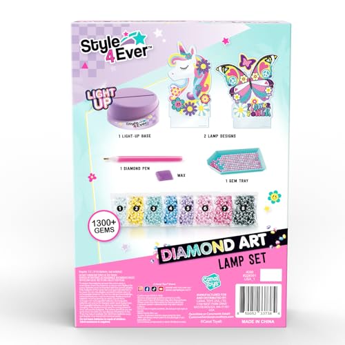 Canal Toys Style 4 Ever Diamond Art Unicorn & Butterfly Lamp Set – Light Up Base, 1300+ Gems, Ages 6+