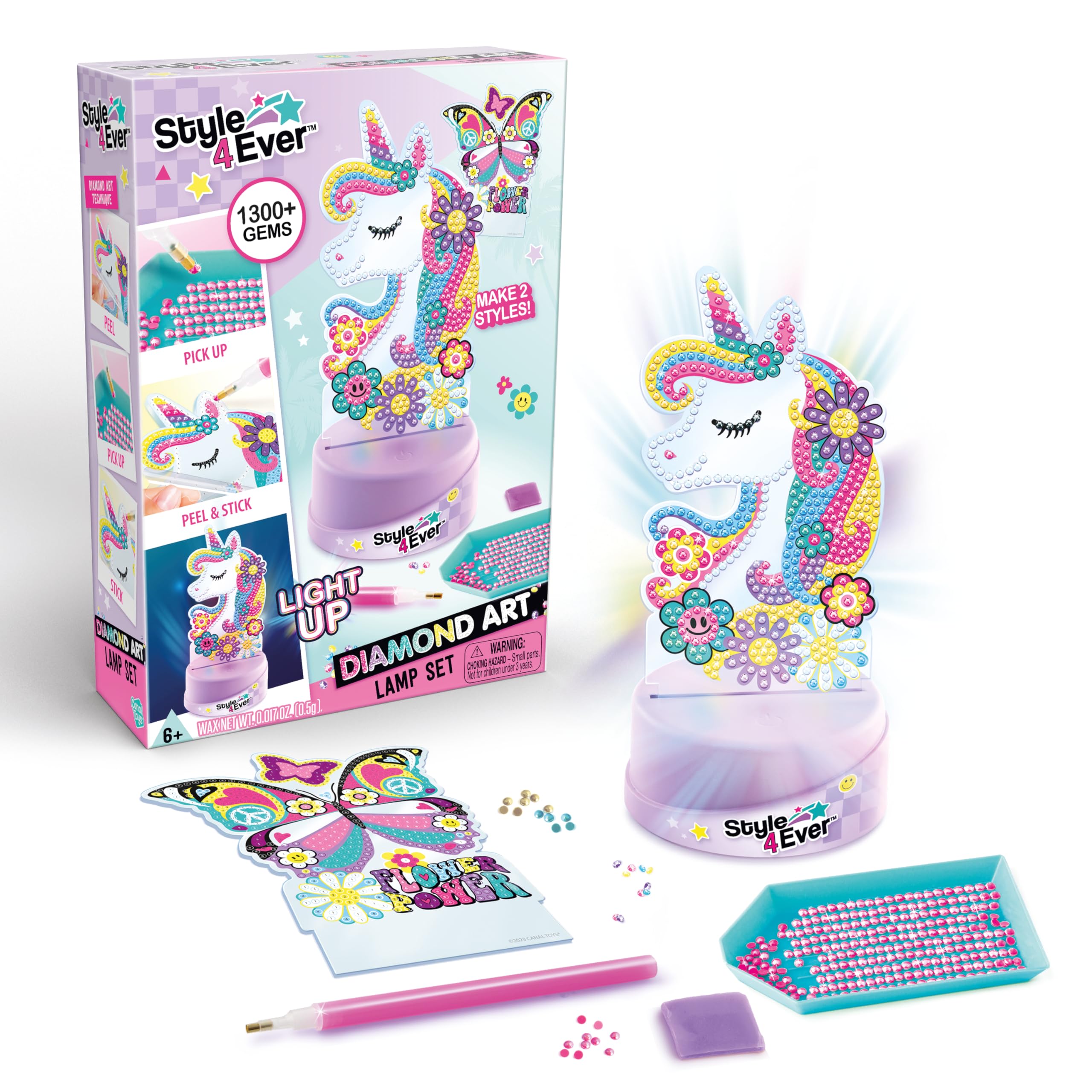 Canal Toys Style 4 Ever Diamond Art Unicorn & Butterfly Lamp Set – Light Up Base, 1300+ Gems, Ages 6+