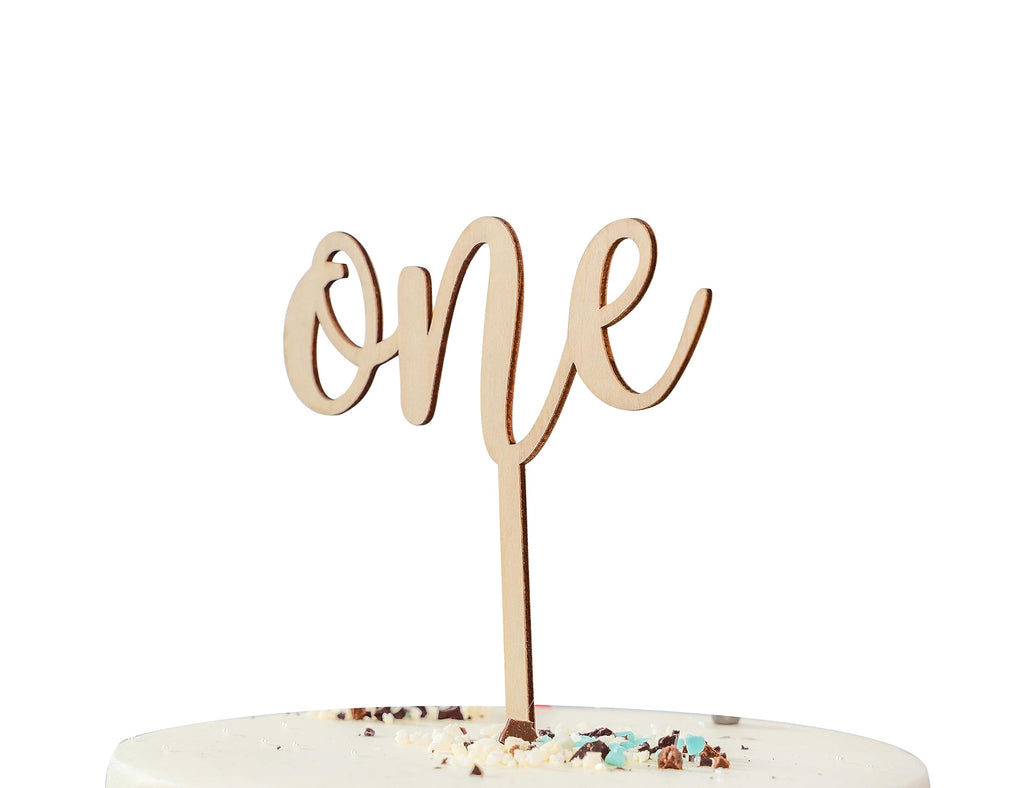 CANTLY Wooden 'One' Cake Topper for First Birthday Party Decorations - Script Design, 4.8 x 6.8 Inches