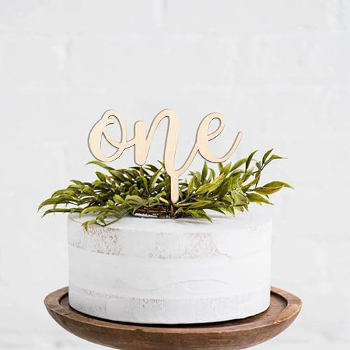 CANTLY Wooden 'One' Cake Topper for First Birthday Party Decorations - Script Design, 4.8 x 6.8 Inches