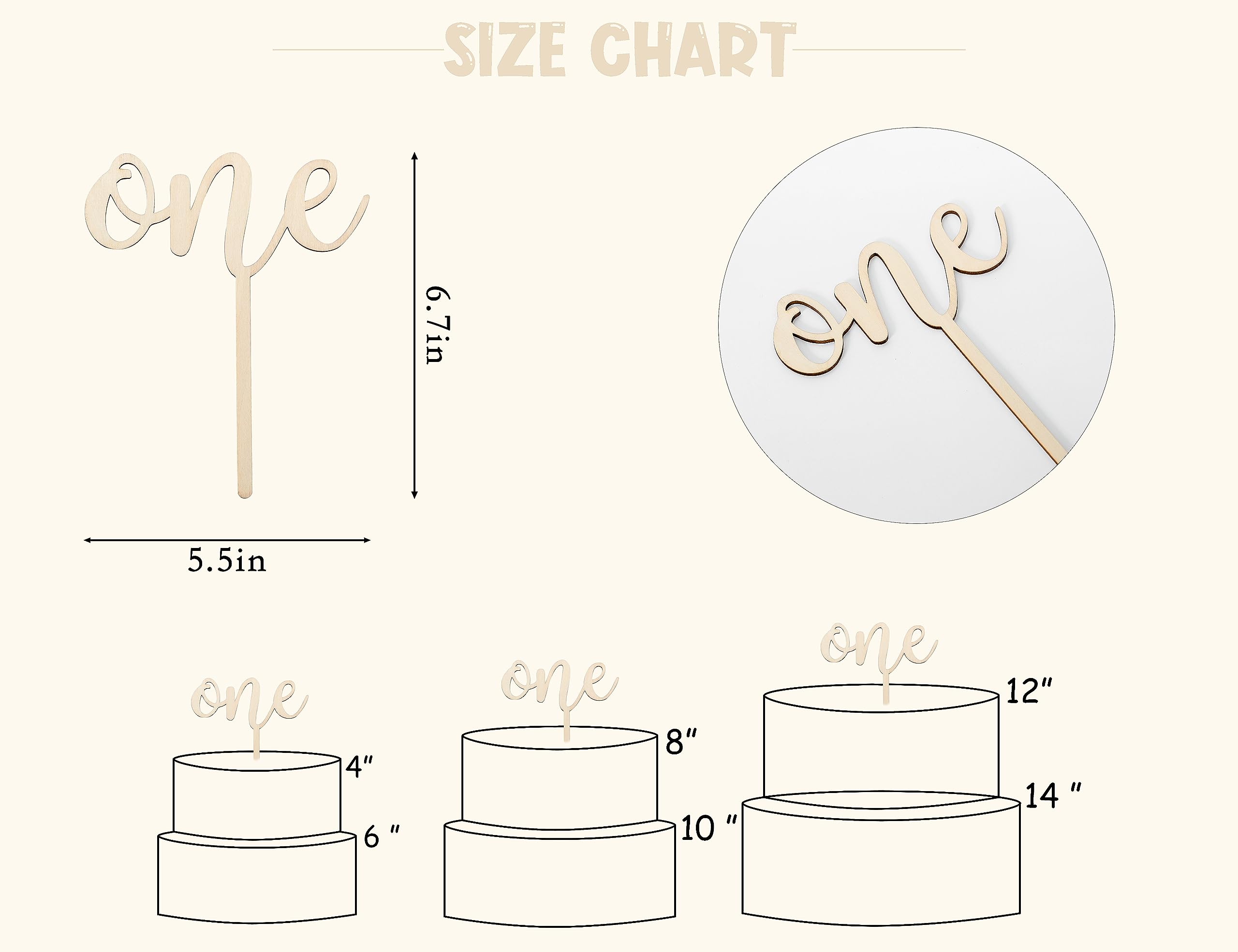 CANTLY Wooden 'One' Cake Topper for First Birthday Party Decorations - Script Design, 4.8 x 6.8 Inches