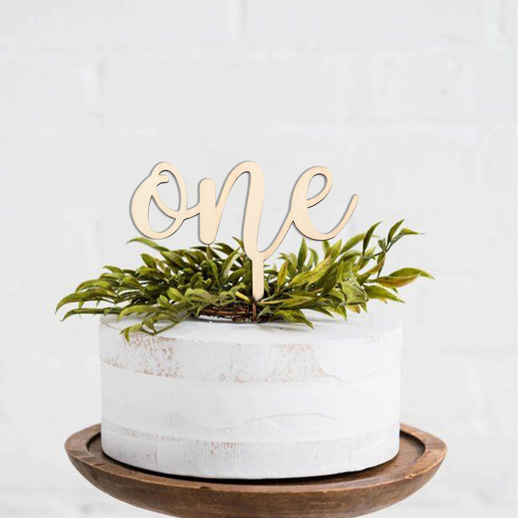 CANTLY Wooden 'One' Cake Topper for First Birthday Party Decorations - Script Design, 4.8 x 6.8 Inches