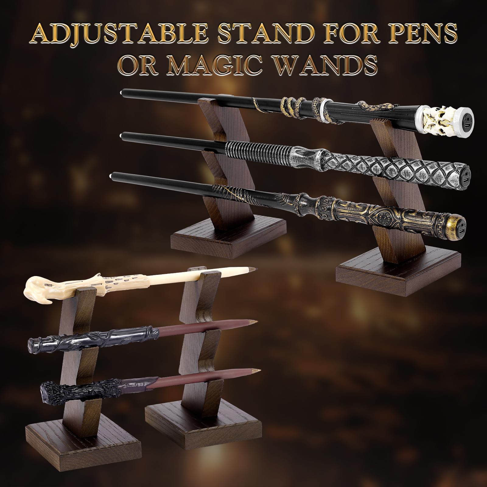 CaptainWiz Wooden Wand Stand Display – 3-Tier Handcrafted Holder for Wands & Pens, Brown