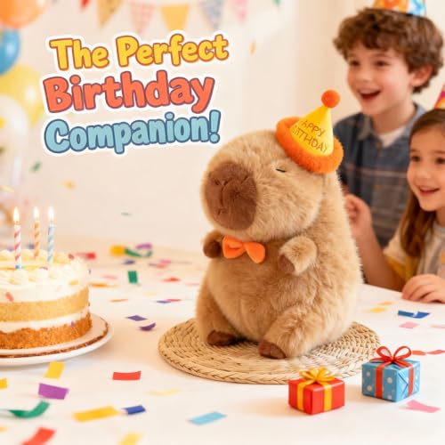 Capybara Plush with Birthday Hat – 9-Inch Kawaii Stuffed Animal Toy, Ultra-Soft Gift for Girls and Fans