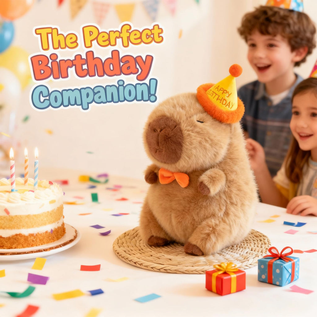 Capybara Plush with Birthday Hat – 9-Inch Kawaii Stuffed Animal Toy, Ultra-Soft Gift for Girls and Fans