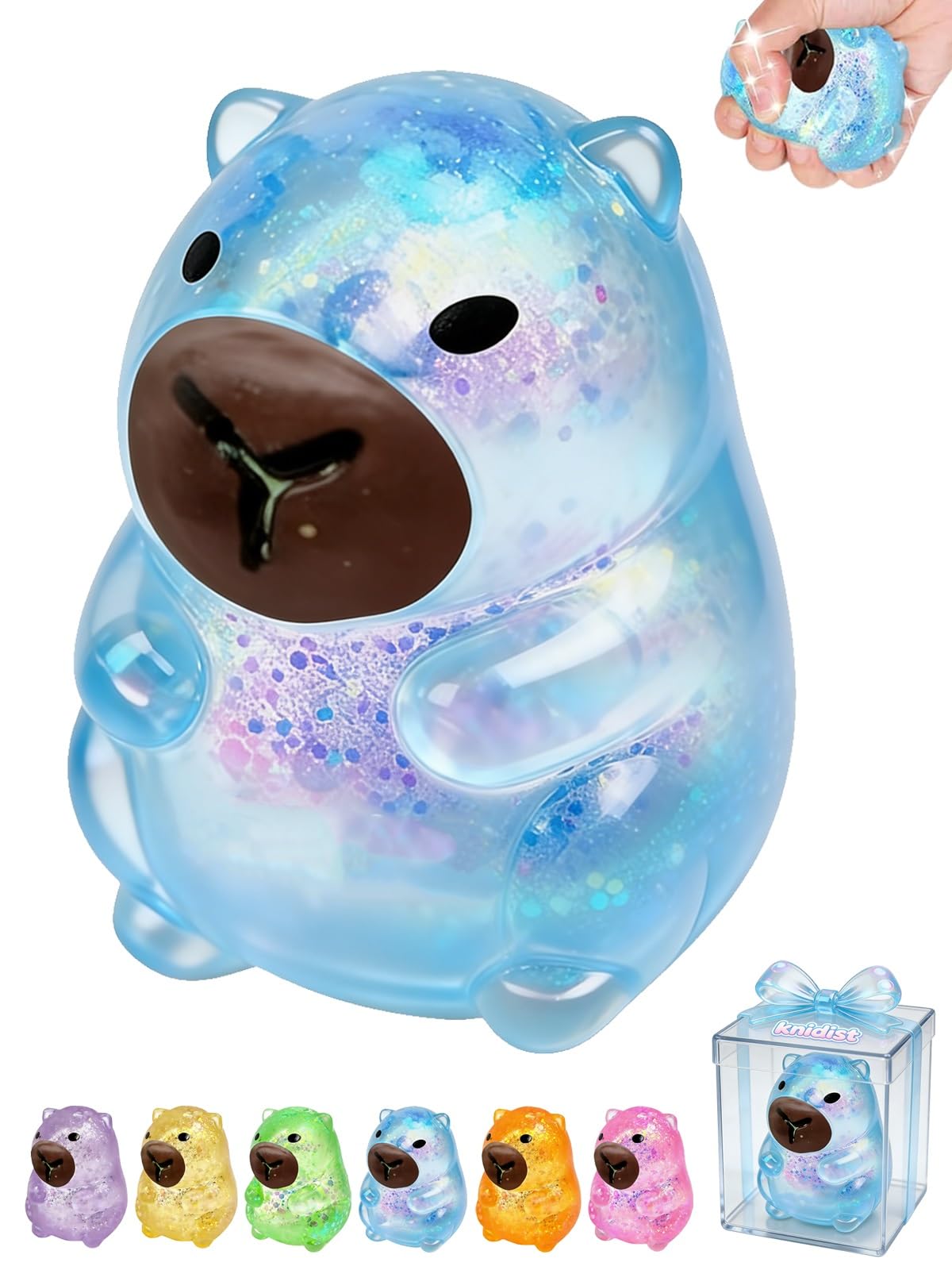 Capybara Squishy Stress Ball - Slow Rise Glitter Anxiety Relief Fidget Toy, TPR, Blue