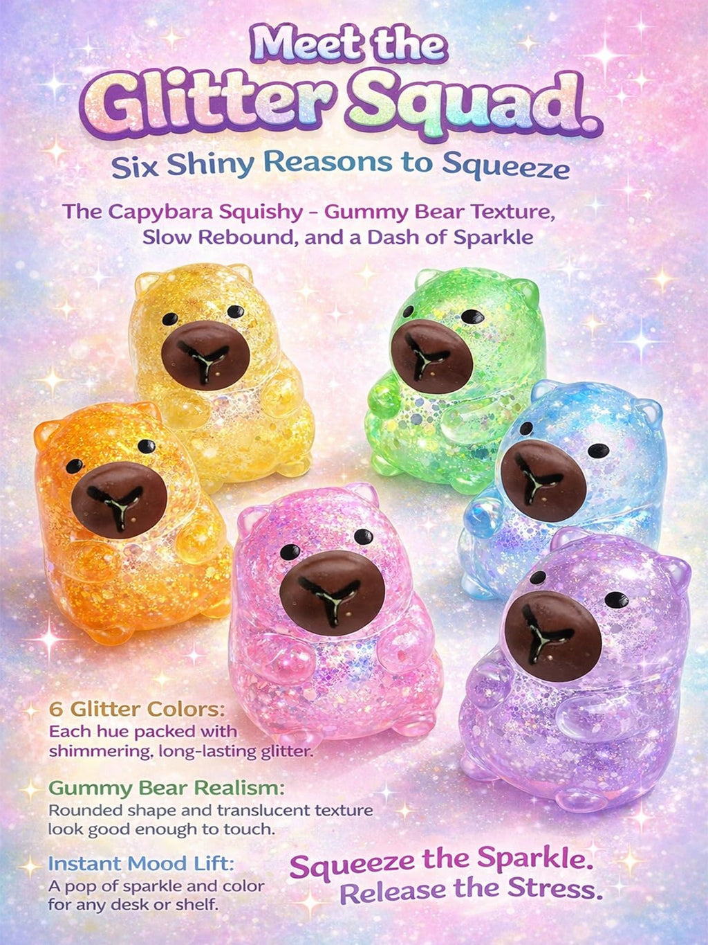 Capybara Squishy Stress Ball - Slow Rise Glitter Anxiety Relief Fidget Toy, TPR, Blue