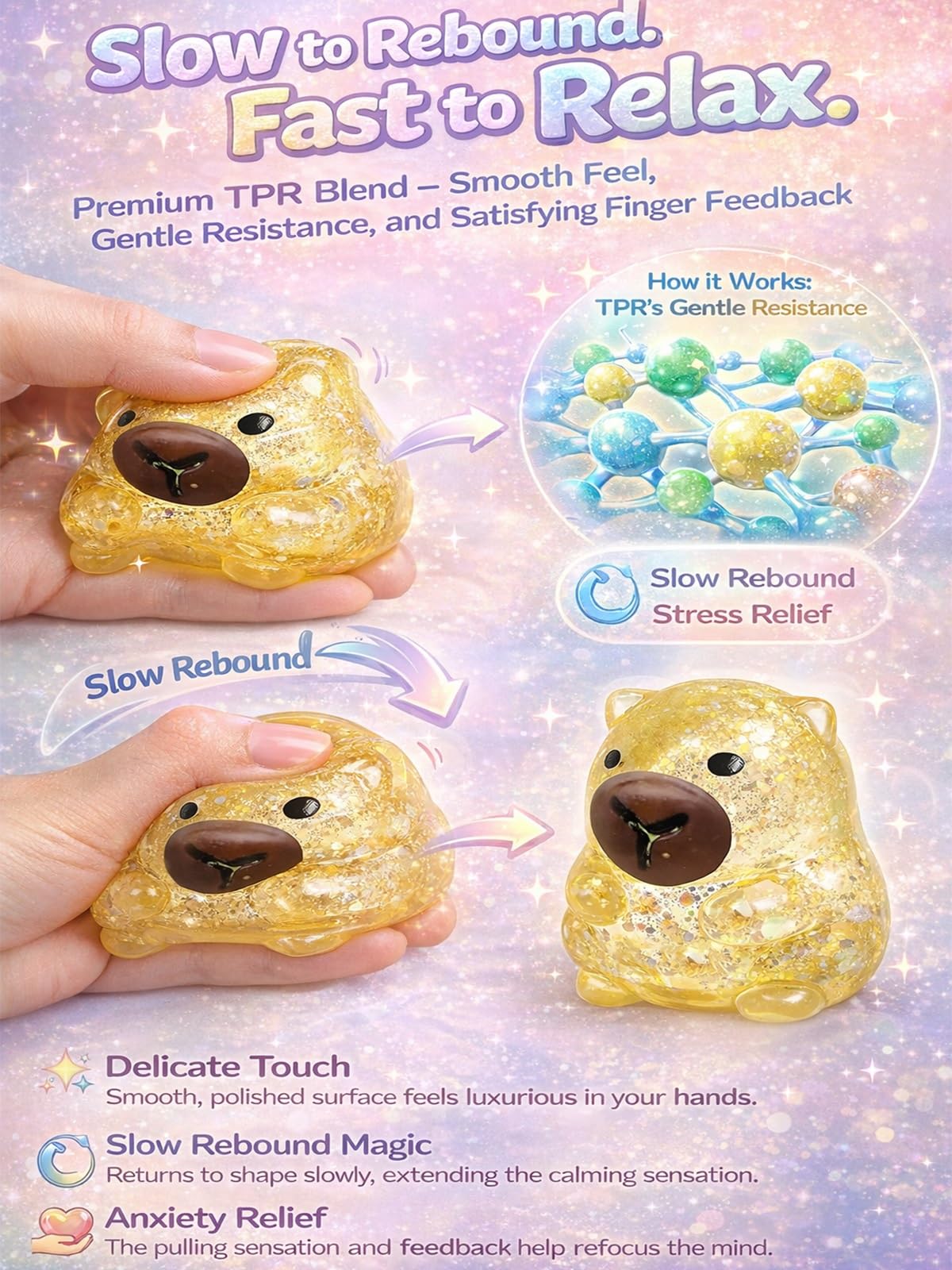 Capybara Squishy Stress Ball - Slow Rise Glitter Anxiety Relief Fidget Toy, TPR, Blue