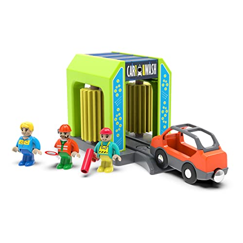 Car Wash Station Playset for Wooden Train Tracks - Pretend Play Toy with Car and Figures
